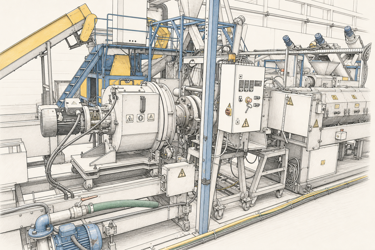 Dessin au trait de l’extrusion et de la filtration des plastiques chez ALTECPLAST