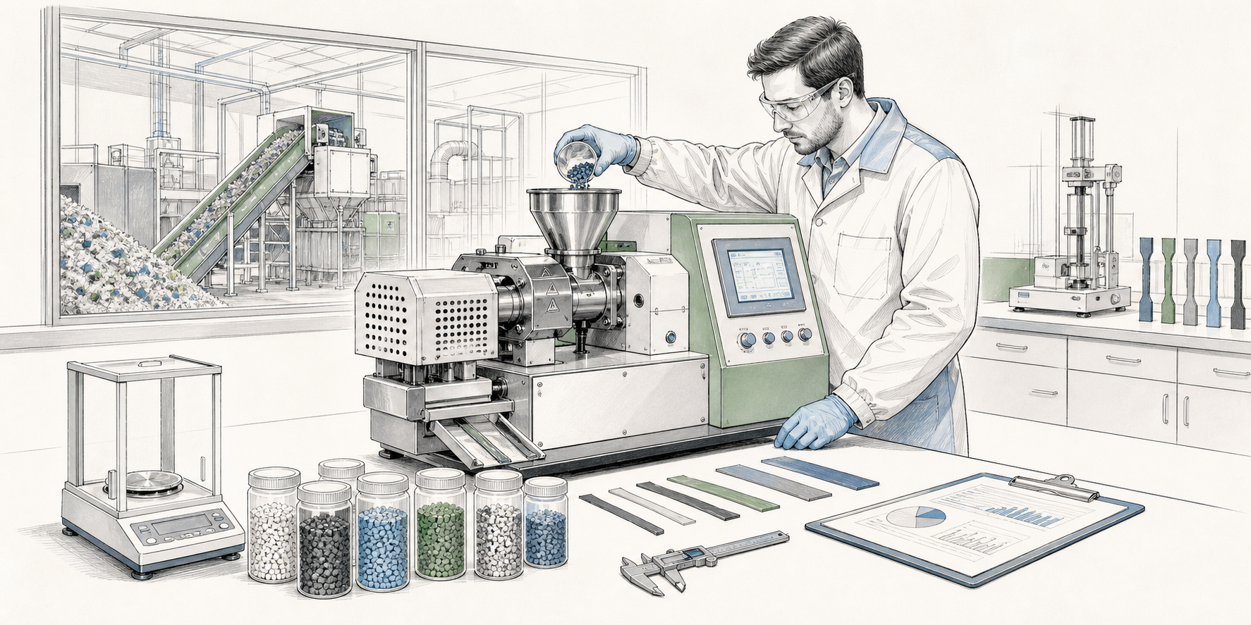 Technicien ALTECPLAST testant des granulés recyclés sur une machine de laboratoire