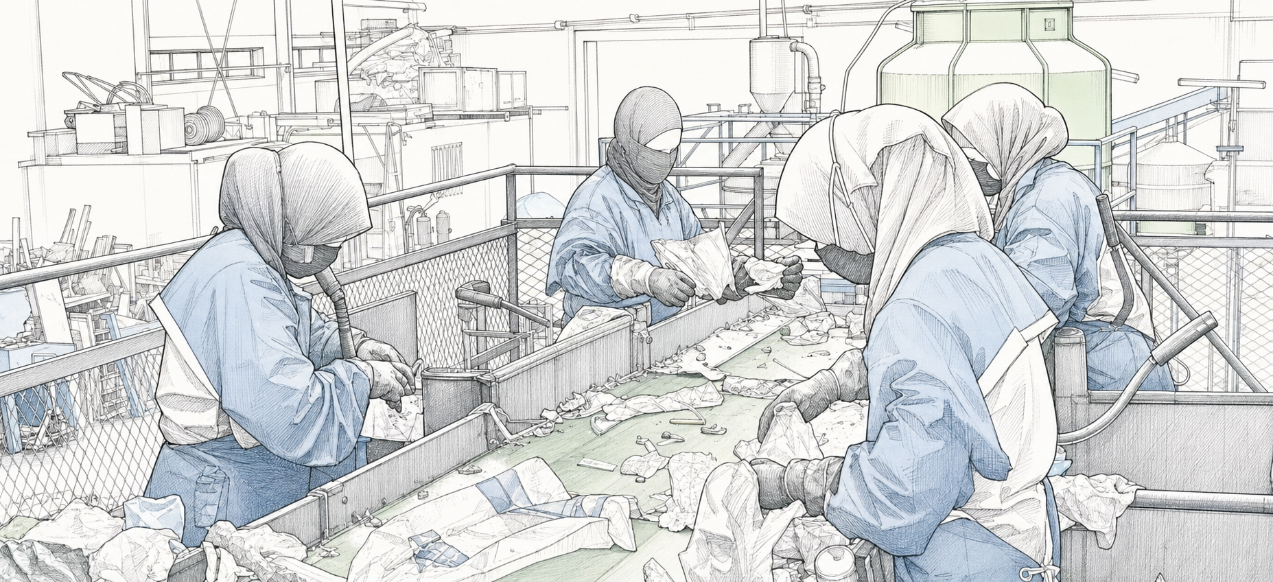 Dessin au trait du tri manuel des plastiques chez ALTECPLAST
